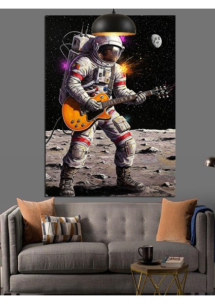 Ayda Gitar Çalan Astronot Dekoratif Kanvas - Mdf Ahşap Tablo