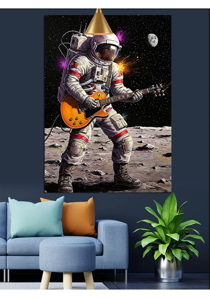 Ayda Gitar Çalan Astronot Dekoratif Kanvas - Mdf Ahşap Tablo fiyatları