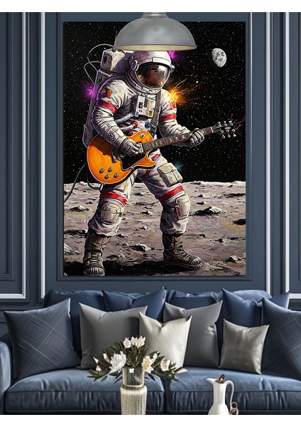 Ayda Gitar Çalan Astronot Dekoratif Kanvas - Mdf Ahşap Tablo indirimleri