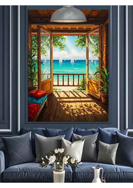 Deniz ve Yelkenli Manzarası Olan Ev Dekoratif Kanvas - Mdf Ahşap Tablo fiyatları