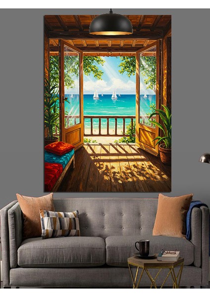 Deniz ve Yelkenli Manzarası Olan Ev Dekoratif Kanvas - Mdf Ahşap Tablo modelleri