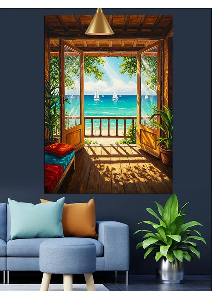Deniz ve Yelkenli Manzarası Olan Ev Dekoratif Kanvas - Mdf Ahşap Tablo fırsatları
