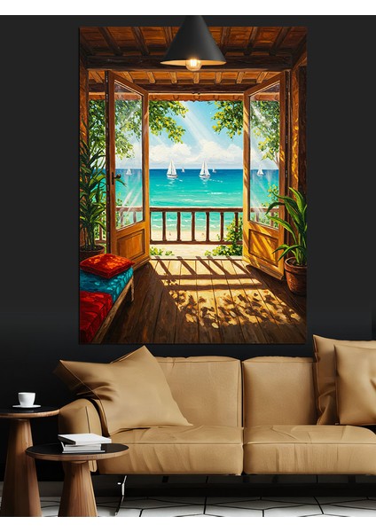 Deniz ve Yelkenli Manzarası Olan Ev Dekoratif Kanvas - Mdf Ahşap Tablo indirimleri