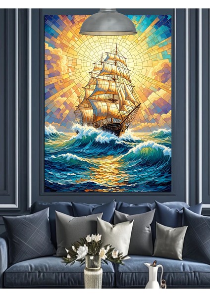 Okyanus Dalgalarında Ilerleyen Yelkenli Gemi,renkli ve Mozaik Desenli Dekoratif Kanvas - Mdf Ahşap Tablo modelleri