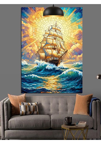Okyanus Dalgalarında Ilerleyen Yelkenli Gemi,renkli ve Mozaik Desenli Dekoratif Kanvas - Mdf Ahşap Tablo fırsatları