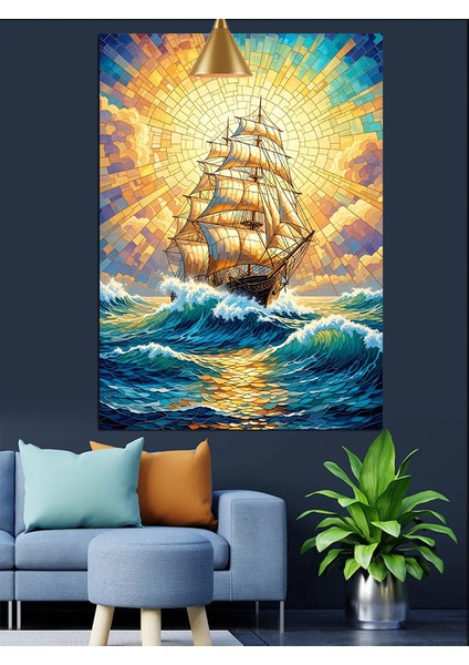 Okyanus Dalgalarında Ilerleyen Yelkenli Gemi,renkli ve Mozaik Desenli Dekoratif Kanvas - Mdf Ahşap Tablo indirimleri