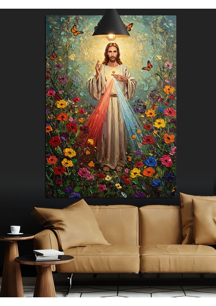 Çiçekler Içinde Isa Tasviri Dekoratif Kanvas - Mdf Ahşap Tablo