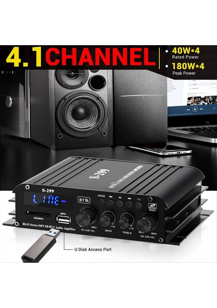 S-299 Mini 4 1 Ses Stereo Güç Amplifikatörü Bt Taşınabilir Araba ve Ev Çift Kullanımlı 4X40W Uzak Ses Amplifikatörü Ab Fişi (Yurt Dışından) fırsatları