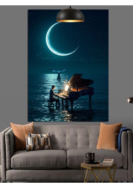 Hilal Ay Deniz Manzarası ve Piyano Dekoratif Kanvas - Mdf Ahşap Tablo