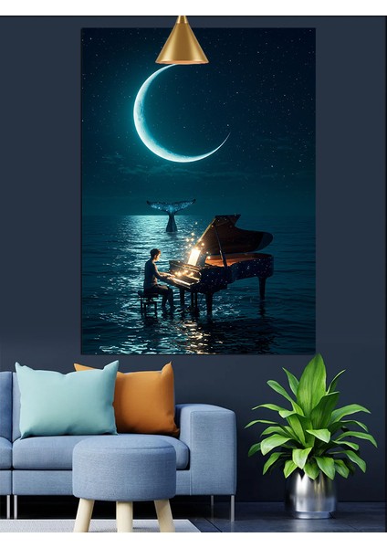 Hilal Ay Deniz Manzarası ve Piyano Dekoratif Kanvas - Mdf Ahşap Tablo fiyatları