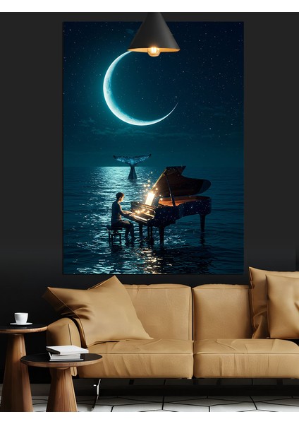 Hilal Ay Deniz Manzarası ve Piyano Dekoratif Kanvas - Mdf Ahşap Tablo modelleri