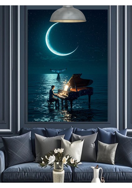 Hilal Ay Deniz Manzarası ve Piyano Dekoratif Kanvas - Mdf Ahşap Tablo indirimleri
