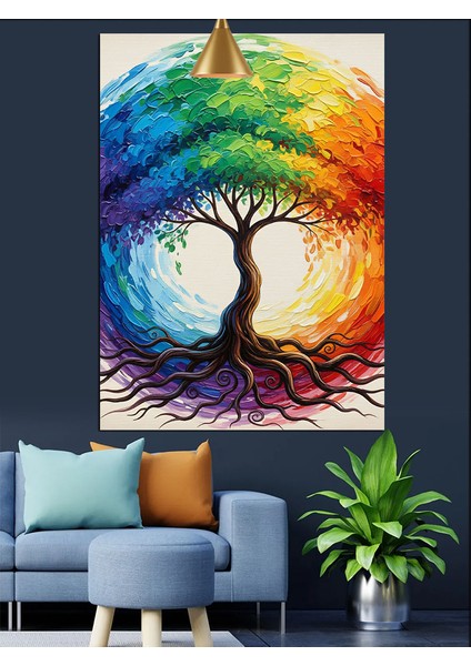 Hayat Ağacı Renkli Daire Dekoratif Kanvas - Mdf Ahşap Tablo