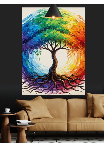 Hayat Ağacı Renkli Daire Dekoratif Kanvas - Mdf Ahşap Tablo fiyatları