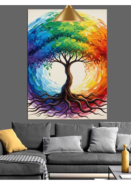 Hayat Ağacı Renkli Daire Dekoratif Kanvas - Mdf Ahşap Tablo modelleri