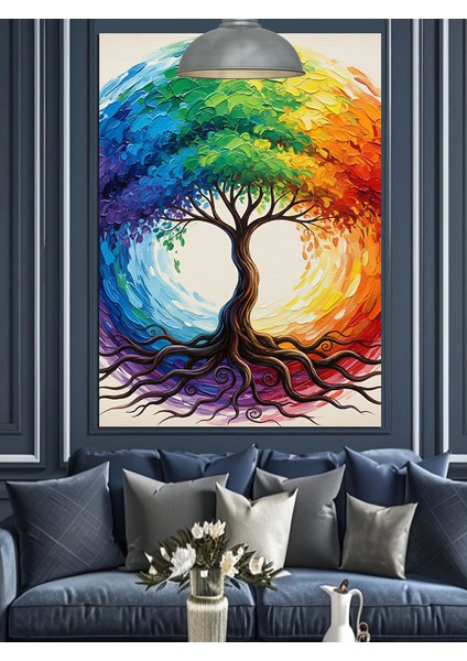 Hayat Ağacı Renkli Daire Dekoratif Kanvas - Mdf Ahşap Tablo fırsatları