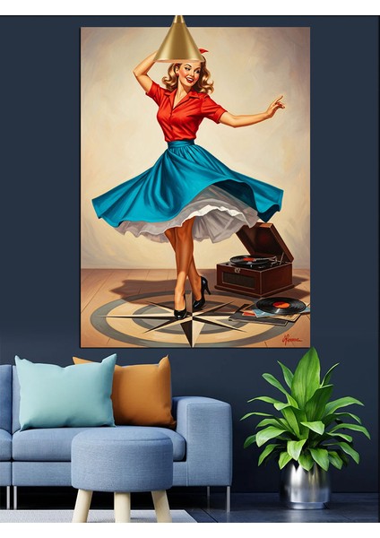 Retro Dans Eden Kadın ve Pikap Dekoratif Kanvas - Mdf Ahşap Tablo fiyatları