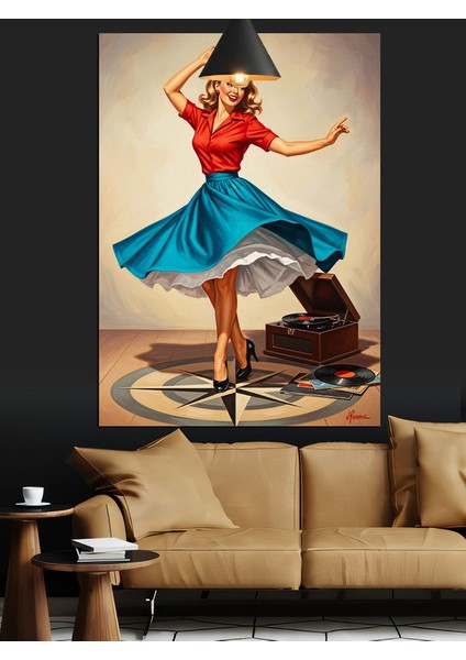 Retro Dans Eden Kadın ve Pikap Dekoratif Kanvas - Mdf Ahşap Tablo modelleri