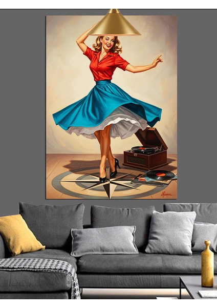 Retro Dans Eden Kadın ve Pikap Dekoratif Kanvas - Mdf Ahşap Tablo fırsatları