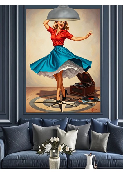 Retro Dans Eden Kadın ve Pikap Dekoratif Kanvas - Mdf Ahşap Tablo indirimleri