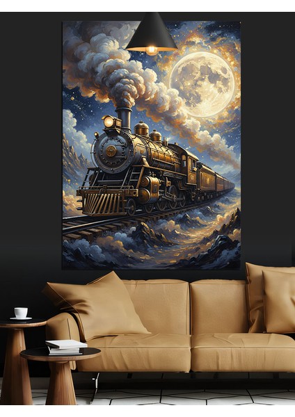 Gece,dolunay ve Retro Kara Tren Dekoratif Kanvas - Mdf Ahşap Tablo