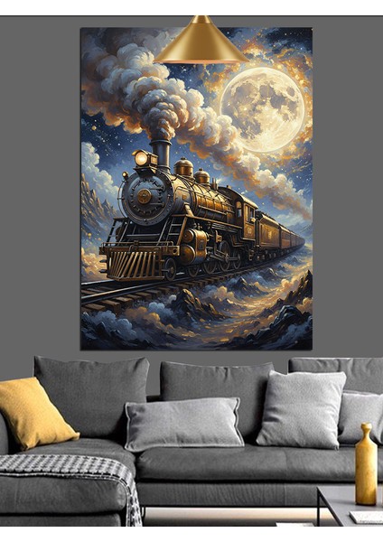 Gece,dolunay ve Retro Kara Tren Dekoratif Kanvas - Mdf Ahşap Tablo fiyatları