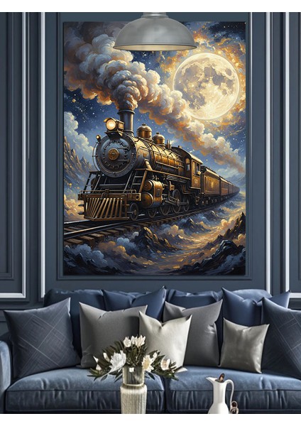 Gece,dolunay ve Retro Kara Tren Dekoratif Kanvas - Mdf Ahşap Tablo modelleri