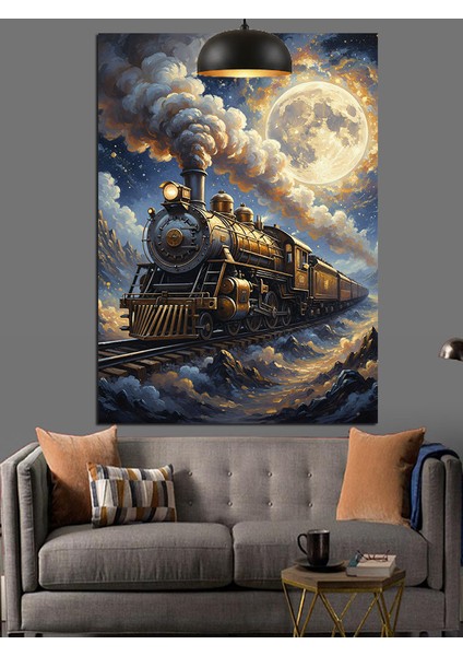 Gece,dolunay ve Retro Kara Tren Dekoratif Kanvas - Mdf Ahşap Tablo fırsatları