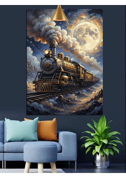 Gece,dolunay ve Retro Kara Tren Dekoratif Kanvas - Mdf Ahşap Tablo indirimleri