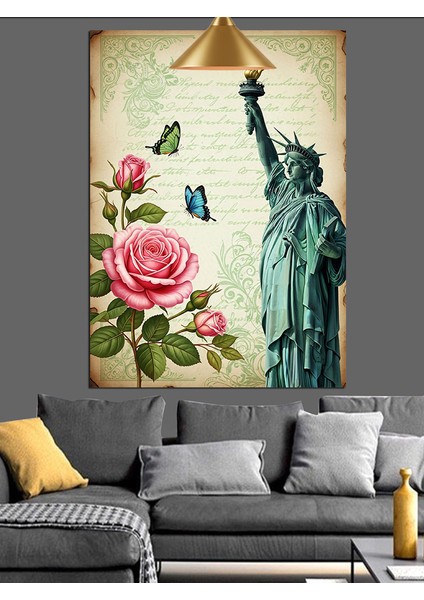 Özgürlük Heykeli, Gül ve Kelebek Temalı Mektup Kağıdı Dekoratif Kanvas - Mdf Ahşap Tablo