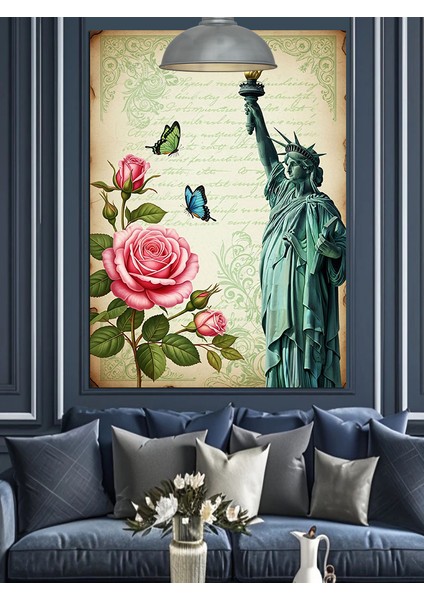 Özgürlük Heykeli, Gül ve Kelebek Temalı Mektup Kağıdı Dekoratif Kanvas - Mdf Ahşap Tablo fiyatları