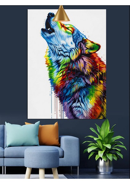 Kurt Hayvan Renkli Uluma Dekoratif Kanvas - Mdf Ahşap Tablo