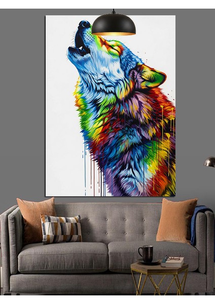 Kurt Hayvan Renkli Uluma Dekoratif Kanvas - Mdf Ahşap Tablo indirimleri