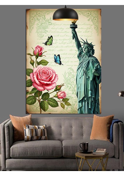 Özgürlük Heykeli, Gül ve Kelebek Temalı Mektup Kağıdı Dekoratif Kanvas - Mdf Ahşap Tablo modelleri