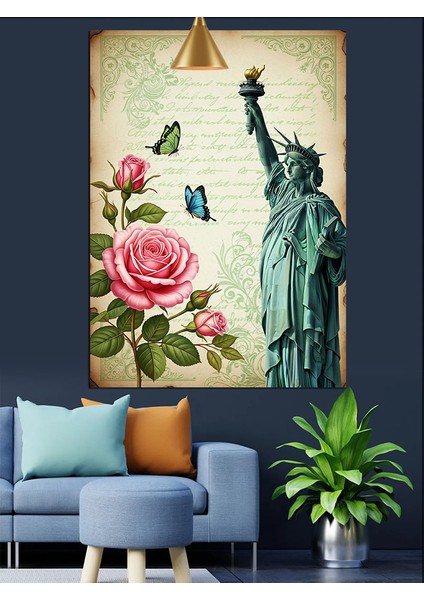 Özgürlük Heykeli, Gül ve Kelebek Temalı Mektup Kağıdı Dekoratif Kanvas - Mdf Ahşap Tablo fırsatları