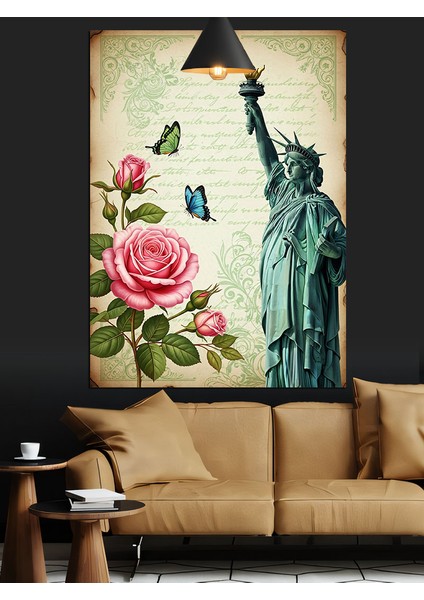 Özgürlük Heykeli, Gül ve Kelebek Temalı Mektup Kağıdı Dekoratif Kanvas - Mdf Ahşap Tablo indirimleri