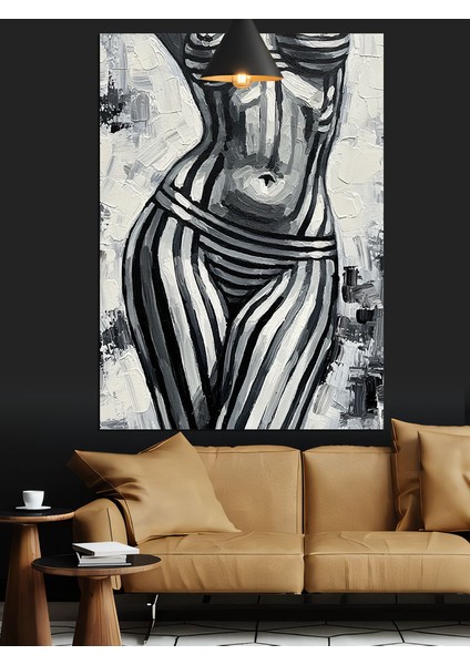 Siyah Beyaz Çizgilerle Kadın Vücudu Dekoratif Kanvas - Mdf Ahşap Tablo