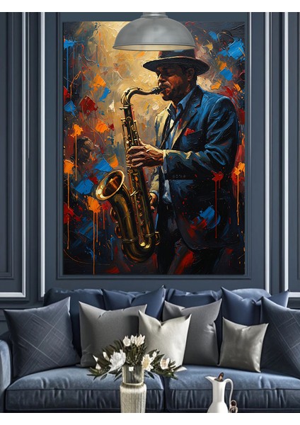 Saksafon Çalan Cazcı Şapkalı Adam Dekoratif Kanvas - Mdf Ahşap Tablo