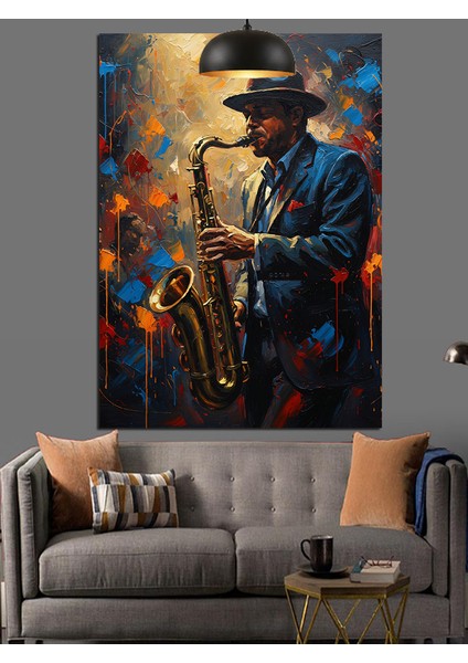 Saksafon Çalan Cazcı Şapkalı Adam Dekoratif Kanvas - Mdf Ahşap Tablo fiyatları