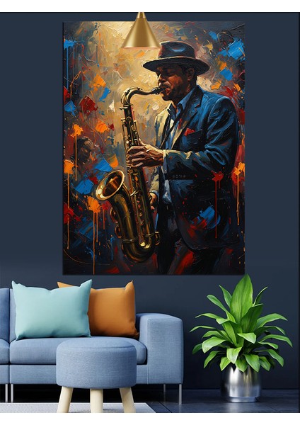 Saksafon Çalan Cazcı Şapkalı Adam Dekoratif Kanvas - Mdf Ahşap Tablo modelleri
