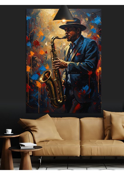 Saksafon Çalan Cazcı Şapkalı Adam Dekoratif Kanvas - Mdf Ahşap Tablo fırsatları