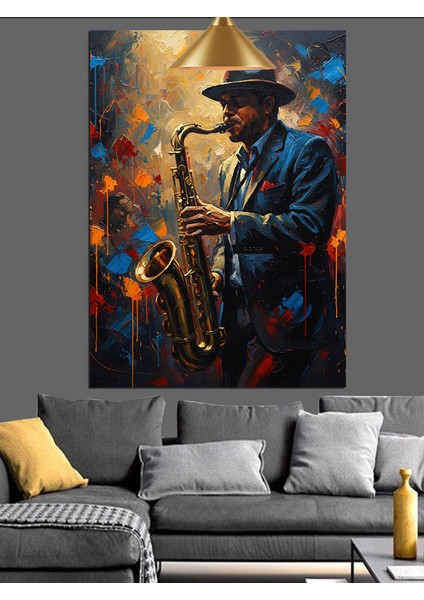 Saksafon Çalan Cazcı Şapkalı Adam Dekoratif Kanvas - Mdf Ahşap Tablo indirimleri