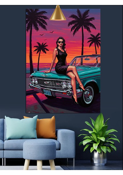 Klasik Arabada Oturan Kadın Sahil Gün Batımı Dekoratif Kanvas - Mdf Ahşap Tablo