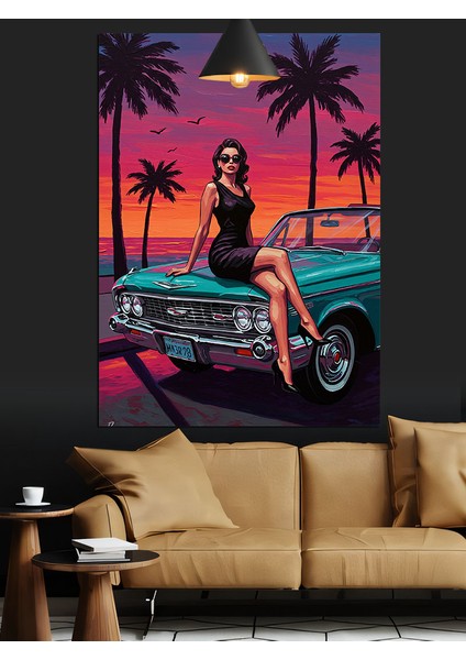 Klasik Arabada Oturan Kadın Sahil Gün Batımı Dekoratif Kanvas - Mdf Ahşap Tablo fiyatları