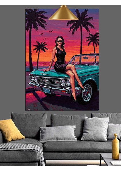 Klasik Arabada Oturan Kadın Sahil Gün Batımı Dekoratif Kanvas - Mdf Ahşap Tablo modelleri