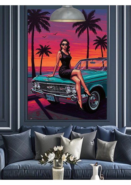 Klasik Arabada Oturan Kadın Sahil Gün Batımı Dekoratif Kanvas - Mdf Ahşap Tablo fırsatları