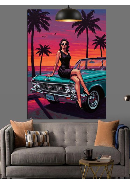 Klasik Arabada Oturan Kadın Sahil Gün Batımı Dekoratif Kanvas - Mdf Ahşap Tablo indirimleri