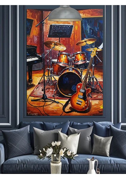 Canlı Davul Seti ve Elektro Gitar Müzik Dekoratif Kanvas - Mdf Ahşap Tablo fiyatları