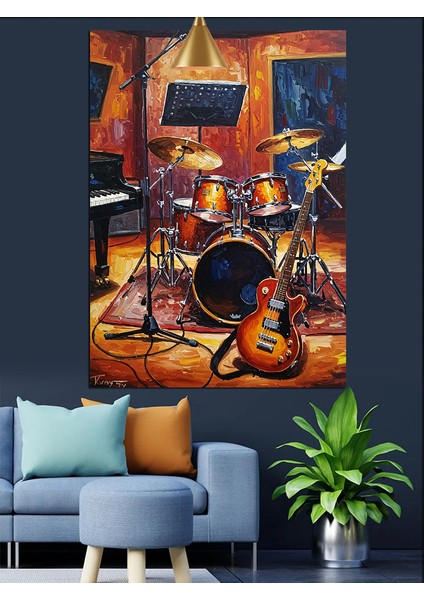 Canlı Davul Seti ve Elektro Gitar Müzik Dekoratif Kanvas - Mdf Ahşap Tablo fırsatları
