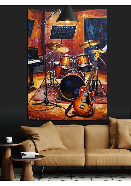 Canlı Davul Seti ve Elektro Gitar Müzik Dekoratif Kanvas - Mdf Ahşap Tablo indirimleri